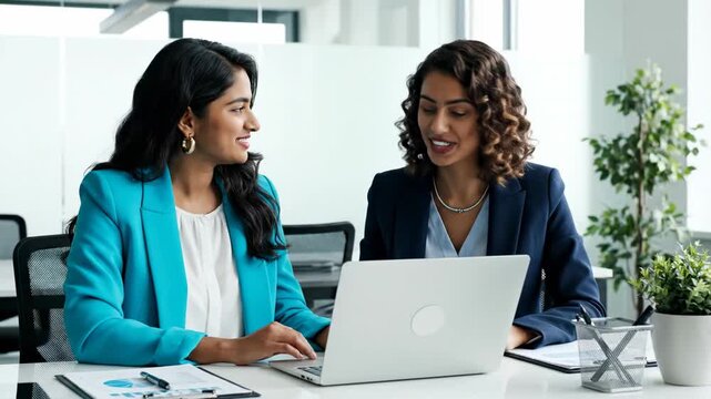 Two professionals collaborate at a bright office desk while discussing projects and strategies in a modern workspace setting
