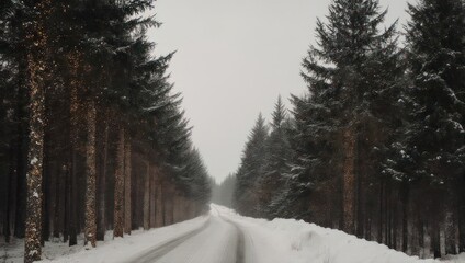 Snowy Forest Road in Winter Landscape.