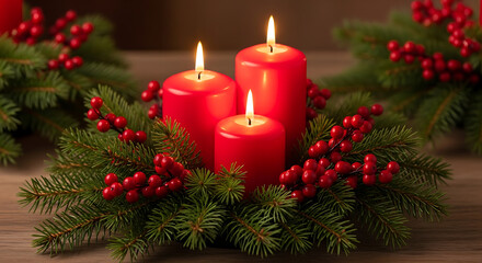 Close-up shot of three red candles burning brightly, surrounded by greenery and berries.