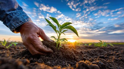 Gardener carefully places young seedling into dark, rich soil beneath a vibrant sunset sky