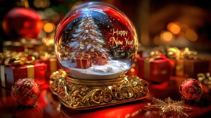 Happy new year snow globe with festive decorations, copy space
