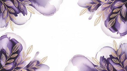 Dark purple watercolor gold leaf corner frame , Elegant wedding invitation abstract background , Luxury violet and metallic foliage template