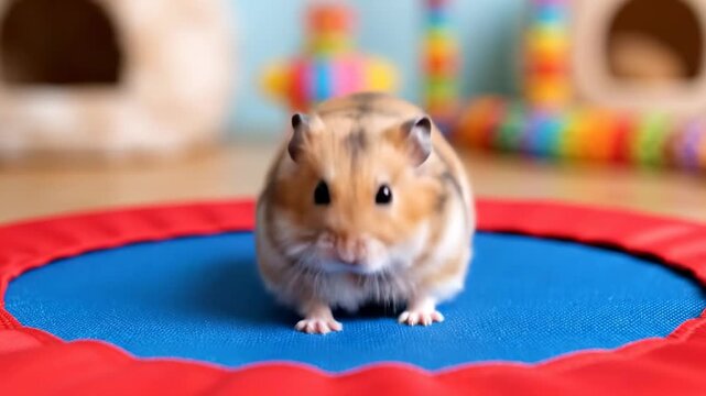 Hamster has fun jumping on a trampoline in a playful indoor setting with colorful toys around