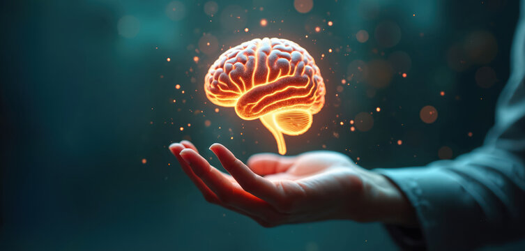 Illuminated 3D brain hologram hovers above hand. Artificial intelligence concept, neural networks shown. Photo visualizes innovation creativity, technological advances. Futuristic design with glowing