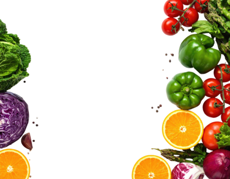 Colorful vegetables and fruit border a black center space