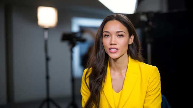 4K Confident woman in yellow jacket during studio interview Professional woman with long dark hair wearing a bright yellow blazer sits confidently