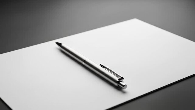 A professional shot of a sleek silver pen resting on pristine white paper against a dark