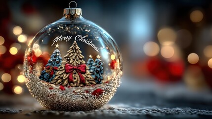 Glass ornament showing merry christmas tree scene, copy space