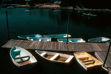 Boats surround a dock in Guilford CT.