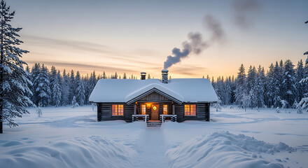 Cozy cabin in a snowy forest at dusk with smoke rising from the chimney.