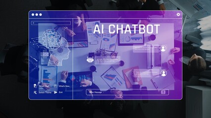 Dynamic AI chatbot interface showcasing team collaboration on analytics and graphs in a modern workspace, emphasizing innovative technology solutions for businesses. Raster