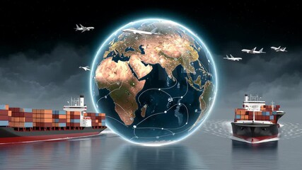 Globe with a ship on it and a plane flying in the background. The globe is surrounded by a network of lines that represent the routes of the ship and plane. Concept of global transportation - Powered by Adobe
