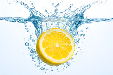 Sliced Lemon Falling into Crystal Clear Water with Splash