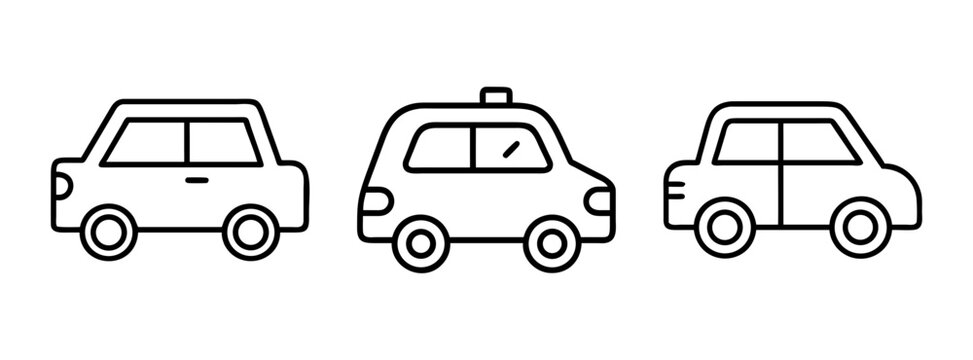 Three simple line art cars drawing vector illustration for kids coloring page and design element