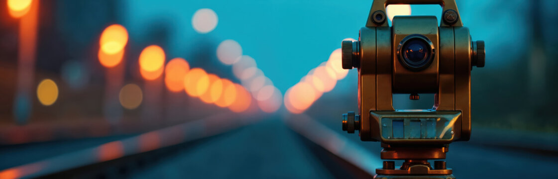 Golden theodolite tool on tripod measures angles and distances at night. Blurred city lights form bokeh background. Surveying instrument used for construction projects, civil engineering work.
