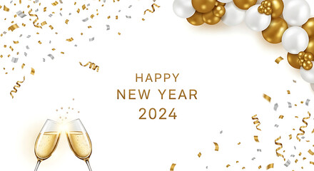 Happy New Year 2024 greeting card with clinking champagne glasses, balloons, and falling confetti on a white background.