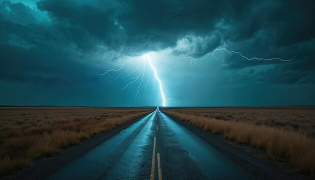 Empty asphalt road stretches towards intense storm sky with bright lightning strike. Dry grass lines barren plains under dramatic dark clouds. Journey into electrical tempest.