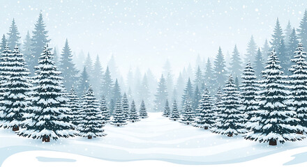 A serene winter landscape featuring a snow-covered forest with numerous evergreen trees and a path through the falling snow.