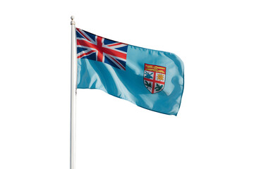 Vibrant Fiji flag proudly waving on flagpole against a clean backdrop, symbolizing national pride and international representation.