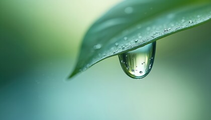 Macro view of water drop on green leaf edge. Small bubbles inside clear droplet reflect light. Soft green blue gradient background. Purity concept.