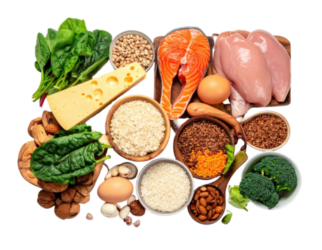 High-protein food fish, chicken, cheese, spinach, nuts - Powered by Adobe