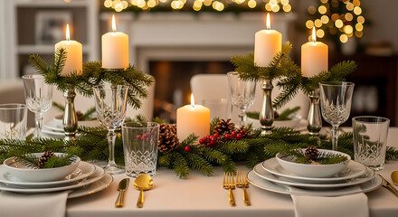 Festive Christmas table setting with candles, greenery, and elegant glassware for a holiday celebration.