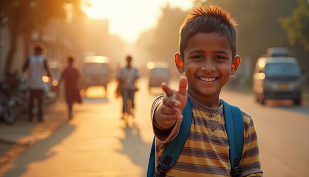 Smiling Indian boy with backpack walks on dusty road towards school. Child carries books, gets ready for lesson. Happy kid walks, looks forward. Rural India. - Powered by Adobe
