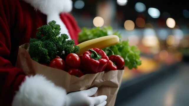 4K High-quality 4K photo of a person dressed as Santa Claus holding a paper grocery bag filled with fresh vegetables and fruits in a supermarket. The Santa sleeve with red velvet fabr