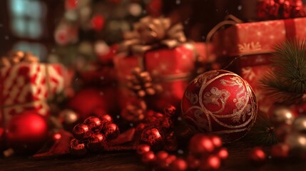 Red and gold Christmas ornament with gifts, pinecones, and holiday decor.