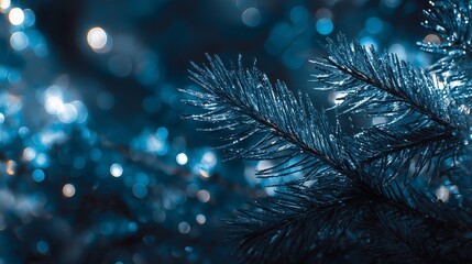 Frosted pine branch with blue-toned bokeh background.