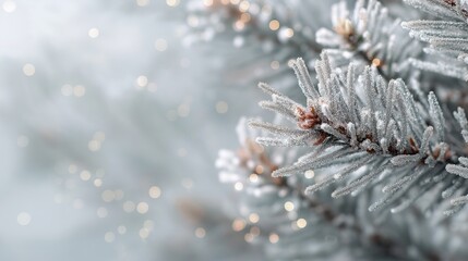 Close-up of frosted pine branch with snowy bokeh background.