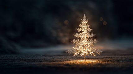 Glowing miniature Christmas tree in a dark, frosty outdoor setting.