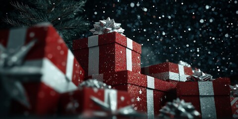 Sparkling red Christmas gifts with silver bows under snowy pine branches at night.