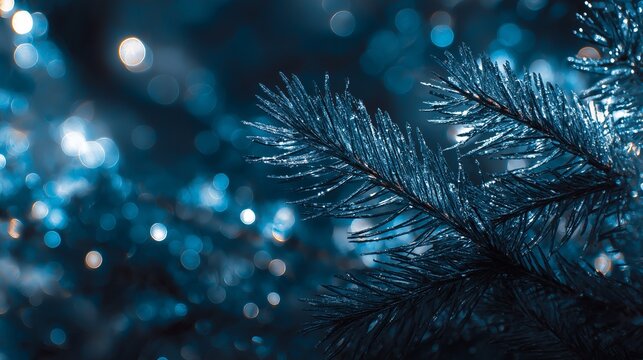 Frosted pine branch with blue-toned bokeh background. - Powered by Adobe