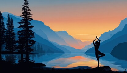 Silhouette of a person practicing yoga by a serene lake, amidst mountains at dawn.