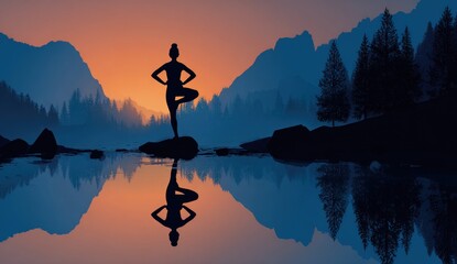 Silhouette of a person practicing yoga by a tranquil lake at sunrise.