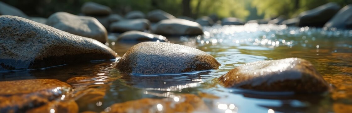 Close up rock in river with clear flowing stream water. Sunlight reflection creates sparkle on the water surface. Peaceful scenery background for eco projects calm nature promo materials.
