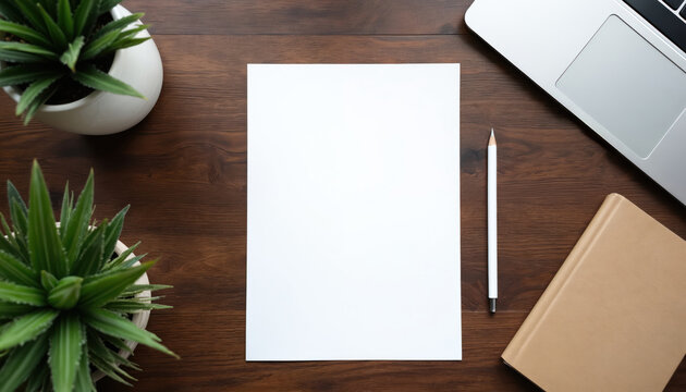 Empty white paper sheet lies on dark wooden office desk. Two green succulent plants, white pencil, closed notebook, laptop nearby. Clean workspace ready for writing, planning, new job application.