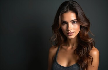 Fototapeta premium Close up portrait of woman. Beautiful lady poses in studio on dark backdrop. Brunette model with stylish hair and fresh make-up looks gently at camera. Beauty concept shoot.
