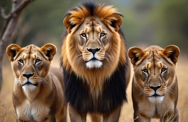 The regal image displays a pride of lions. A male lion stands between two lionesses looking at the camera. Their majestic presence dominates the scene.