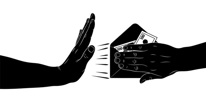 Silhouette of a hand refusing an envelope filled with money, symbolizing anti-corruption and the rejection of bribery and illicit payments. - Powered by Adobe