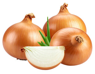 Three whole & one halved, yellow onions, green sprouts