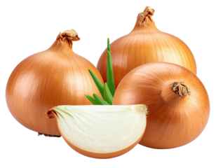 Three whole & one halved, yellow onions, green sprouts