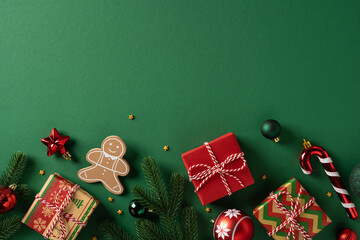 A vibrant Christmas scene features wrapped presents, a gingerbread man, pine branches, and candy...