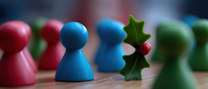 Blue board game pawn standing out with a festive holly decoration among colorful game pieces on a wooden table Concept of holiday gaming, unique strategy, and Christmas fun