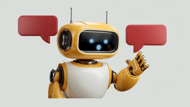 Robot with a red speech bubble on its head. The robot is yellow and white