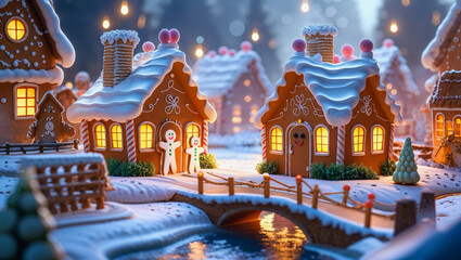 AI-generated image of a winter wonderland of Christmas spirits, where gingerbread houses and a river come to life