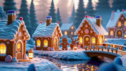 AI-generated image of a winter wonderland of Christmas spirits, where gingerbread houses and a river come to life