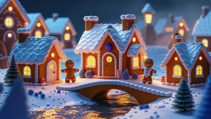 AI-generated image of a winter wonderland of Christmas spirits, where gingerbread houses and a river come to life