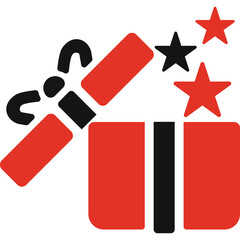 Red Gift Box with Black Bow Opening to Reveal Black and Red Stars and Sparkles on Transparent Background Holiday Celebration Surprise Event Concept